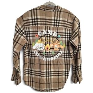 Cinnamoroll Mens Shirt Large Brown Plaid Flannel Embroidery Camp Outdoor Sanrio